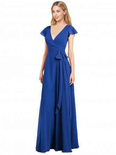 Outlet Flutter Sleeves Faux Wrap Chiffon Bridesmaid Dress
