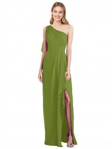 Outlet One Shoulder Chiffon Bridesmaid Dress with Draped Front Slit