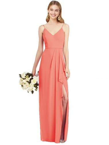 Outlet Spaghetti Strap Draped Skirt Chiffon Bridesmaid Dress with Front Slit