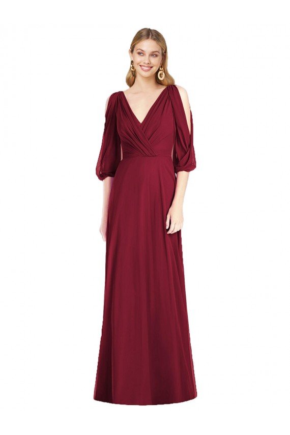 Outlet Draped V-Neck Bell Sleeves V-Back Chiffon Bridesmaid Dress