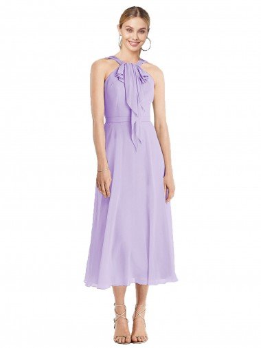 Outlet Midi Length Halter Plunging V-Back Chiffon Bridesmaid Dress / Cocktail Dress