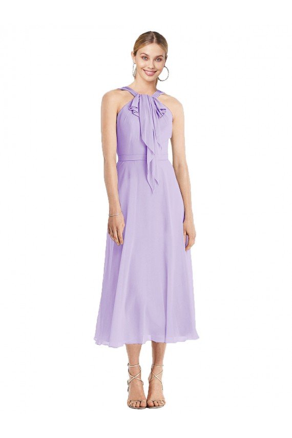Outlet Midi Length Halter Plunging V-Back Chiffon Bridesmaid Dress / Cocktail Dress