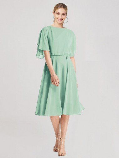 Outlet Open Back Flutter Sleeves Cocktail Length Chiffon Bridesmaid Dress