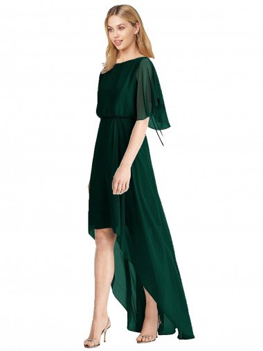 Outlet Plunging V Back Flutter Sleeves Cocktail Length Chiffon Bridesmaid Dress
