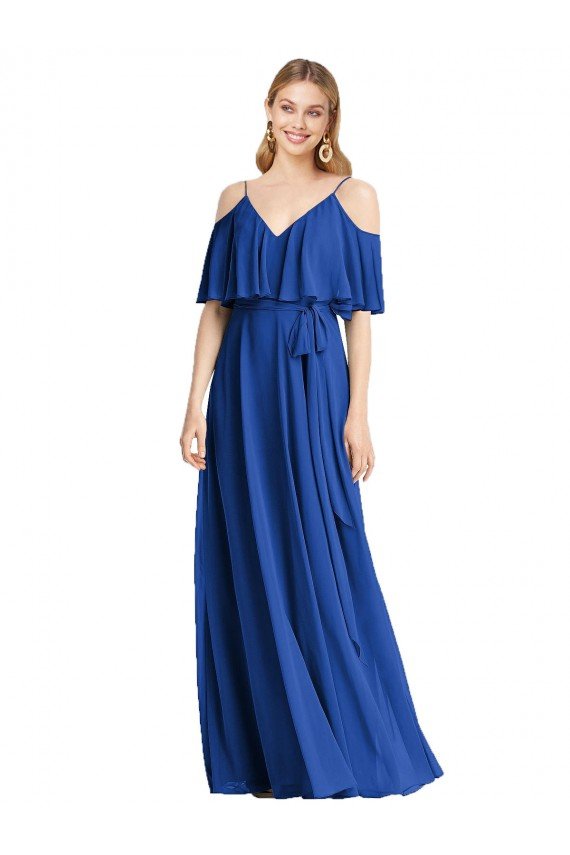 Outlet Spaghetti Straps V-Neck Chiffon Bridesmaid Dress with Sash Tie