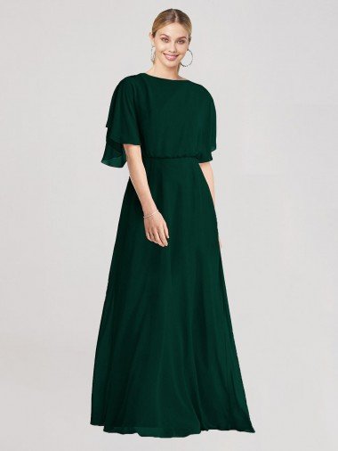 Outlet Full-Length Flutter Sleeves Plunging V Back Chiffon Bridesmaid Dress