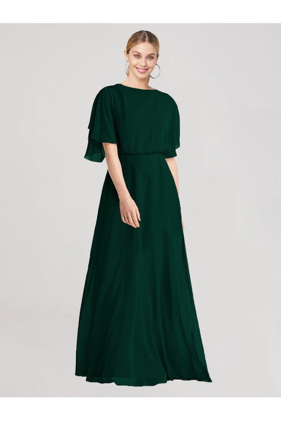 Outlet Full-Length Flutter Sleeves Plunging V Back Chiffon Bridesmaid Dress