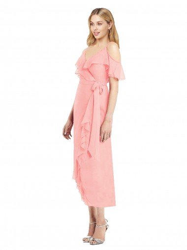 Outlet Cocktail Wrap Chiffon Bridesmaid Dress with Fluttering Ruffles