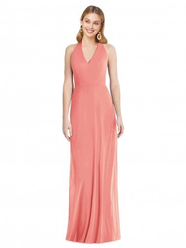 Outlet V-Neck Halter Chiffon Maxi Formal Bridesmaid Dress Open Back