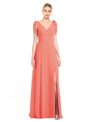 Outlet Full Length Bow-Shoulder V-Back Chiffon Bridesmaid Dress with Front Slit