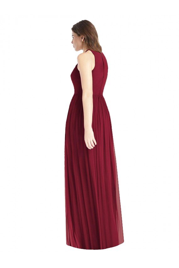 Outlet Shirred Skirt Jewel Neck Halter Chiffon Bridesmaid Dress with Front Slit