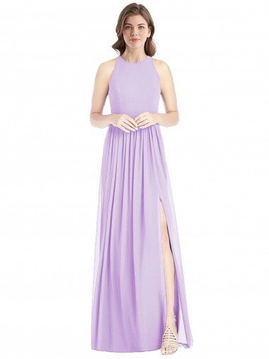 Outlet Shirred Skirt Jewel Neck Halter Chiffon Bridesmaid Dress with Front Slit