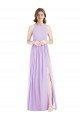 Outlet Shirred Skirt Jewel Neck Halter Chiffon Bridesmaid Dress with Front Slit