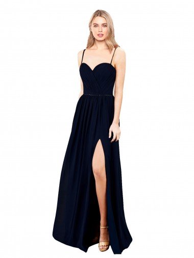 Outlet Draped A-Line Chiffon Formal Bridesmaid Dress with Spaghetti Straps and High Slit