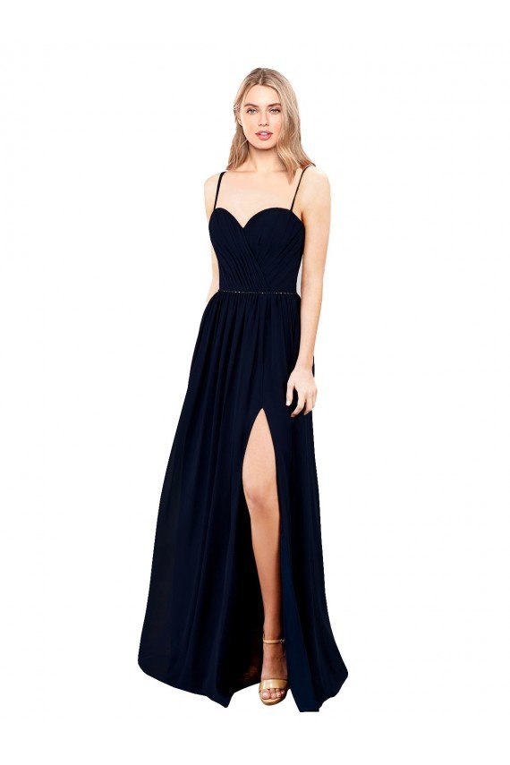 Outlet Draped A-Line Chiffon Formal Bridesmaid Dress with Spaghetti Straps and High Slit