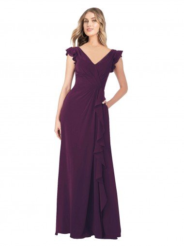Outlet Ruffle Cap Sleeves Long Chiffon Bridesmaid Dress