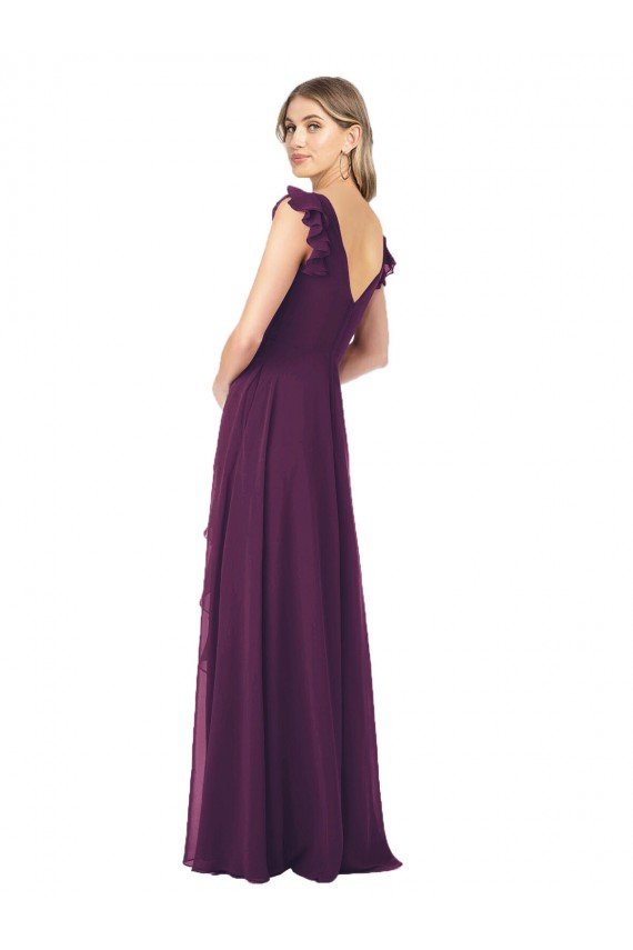 Outlet Ruffle Cap Sleeves Long Chiffon Bridesmaid Dress