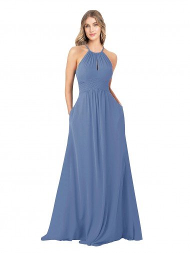 Outlet Draped High Neck Keyhole Back Bridesmaid Dress with Front Slit