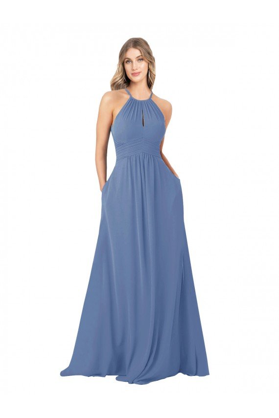 Outlet Draped High Neck Keyhole Back Bridesmaid Dress with Front Slit