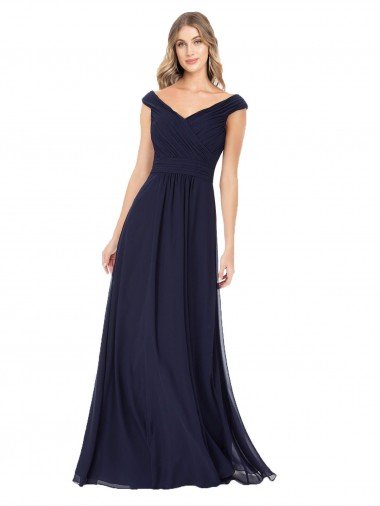 Outlet Off the Shoulder Classic Chiffon Bridesmaid Dress with Draped Bodice