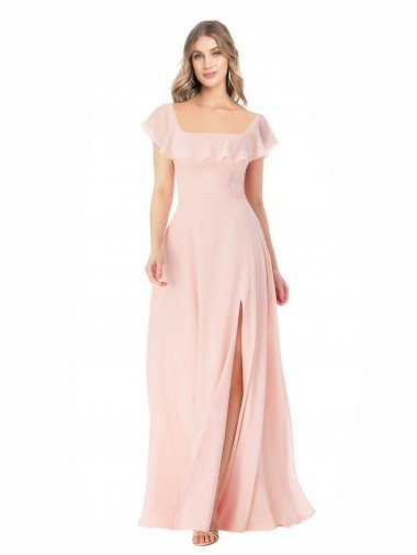 Outlet Flutter Cap Sleeves Square Neck Ruffle Chiffon Bridesmaid Dress with Pockets