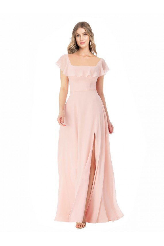 Outlet Flutter Cap Sleeves Square Neck Ruffle Chiffon Bridesmaid Dress with Pockets