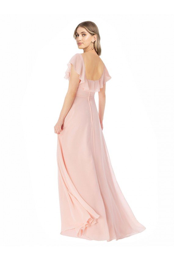 Outlet Flutter Cap Sleeves Square Neck Ruffle Chiffon Bridesmaid Dress with Pockets