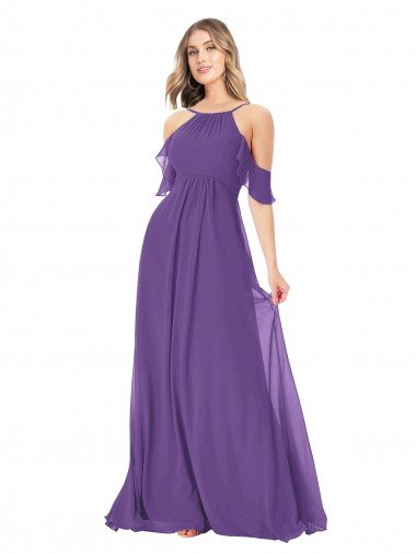 Outlet Cold Shoulder Flutter Sleeves Chiffon Bridesmaid Dress