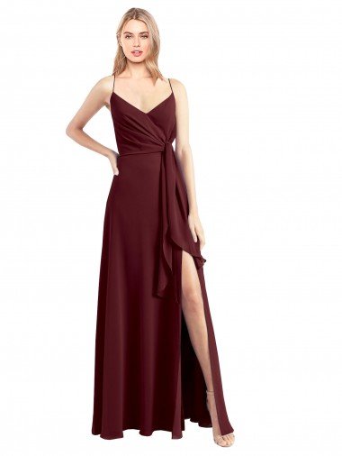 Outlet Spaghetti Straps V-Neck Long Chiffon Bridesmaid Dress with Side Slit
