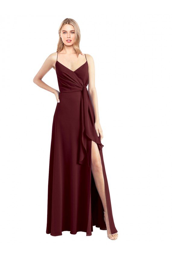 Outlet Spaghetti Straps V-Neck Long Chiffon Bridesmaid Dress with Side Slit