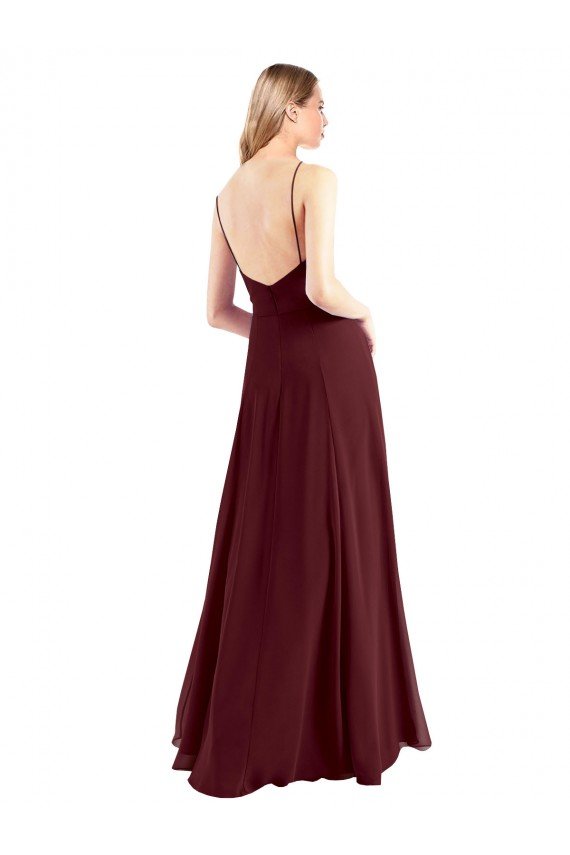 Outlet Spaghetti Straps V-Neck Long Chiffon Bridesmaid Dress with Side Slit