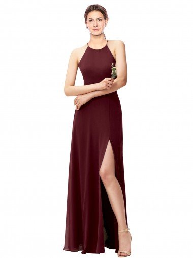 Outlet Slim Long High Halter Neck Chiffon Bridesmaid Dress with High Side Slit