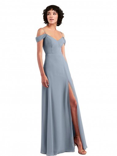 Outlet Off the Shoulder Folded Sleeve Long Chiffon Bridesmaid Dress with High Side Slit