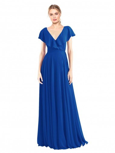Outlet V-Neck A-Line Flutter Sleeves Long Chiffon Wrap Style Bridesmaid Dress