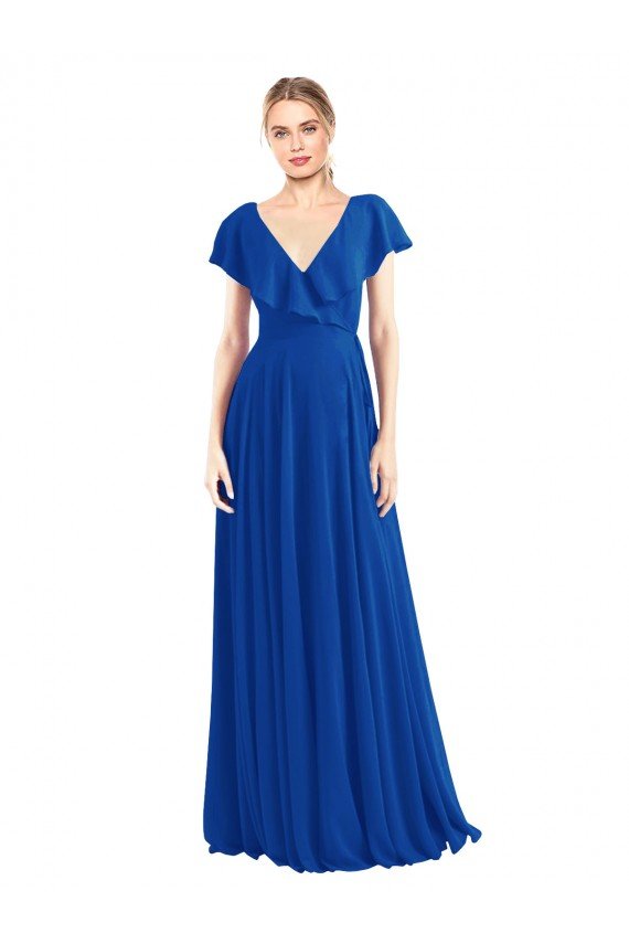 Outlet V-Neck A-Line Flutter Sleeves Long Chiffon Wrap Style Bridesmaid Dress