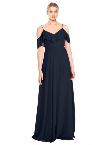 Outlet Draped Sleeves Flounce Neckline Long Chiffon Bridesmaid Dress with Spaghetti Straps