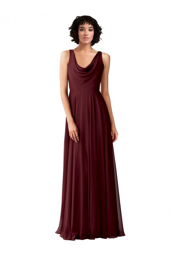 Outlet Draped Cowl Neck Long Chiffon Bridesmaid Dress with Wide Straps