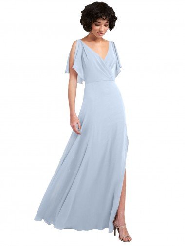 Outlet Split Flutter Sleeves V-Neck Chiffon Bridesmaid Dress with Open V-Back