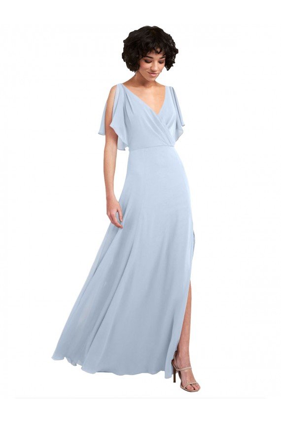 Outlet Split Flutter Sleeves V-Neck Chiffon Bridesmaid Dress with Open V-Back