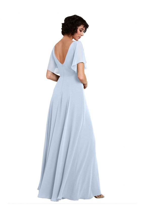 Outlet Split Flutter Sleeves V-Neck Chiffon Bridesmaid Dress with Open V-Back