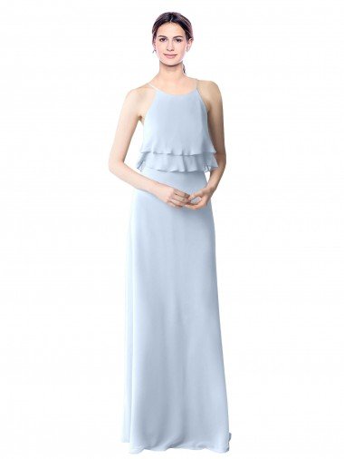 Outlet High Narrow Neck Long Chiffon Bridesmaid Dress with Tiered Ruffles