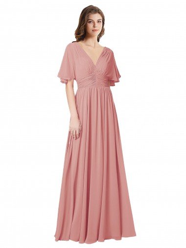 Outlet Flutter Sleeves Plunging V-Neck Boho Chiffon Bridesmaid Dress