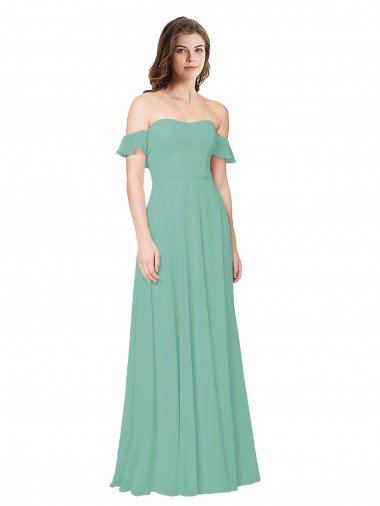 Outlet Flounce Sleeves Off the Shoulder Long Chiffon Bridesmaid Dress