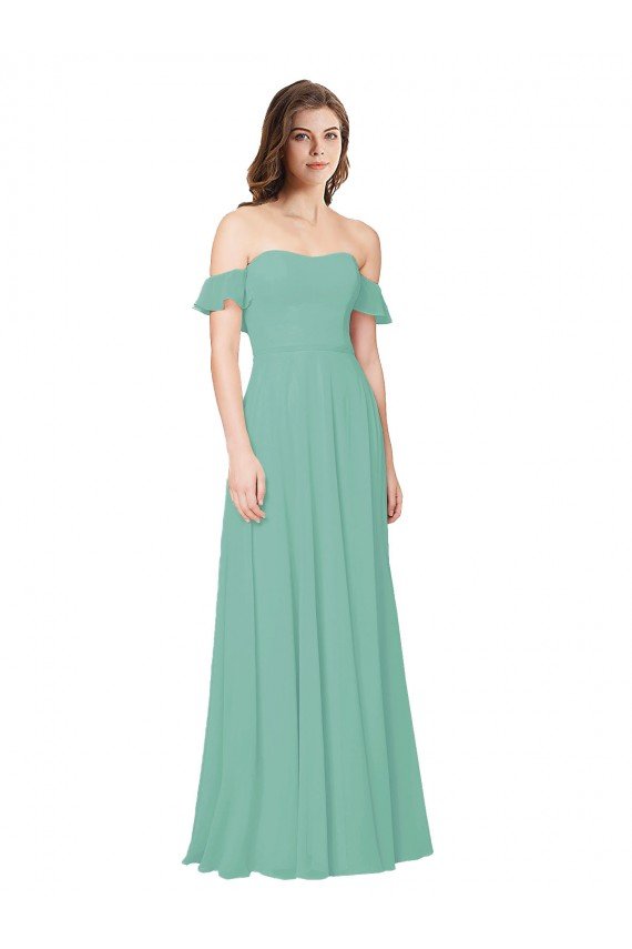 Outlet Flounce Sleeves Off the Shoulder Long Chiffon Bridesmaid Dress