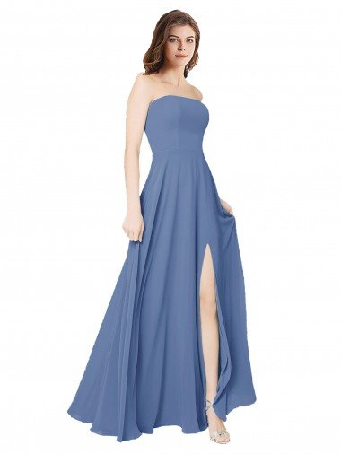 Outlet Strapless Long Chiffon Bridesmaid Dress with Front Slit