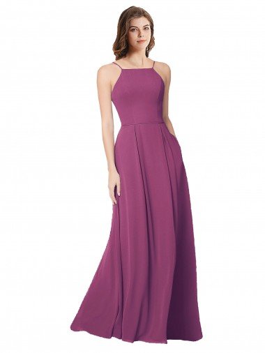 Outlet Halter Neck Long Pleated Chiffon Bridesmaid Dress with Pockets