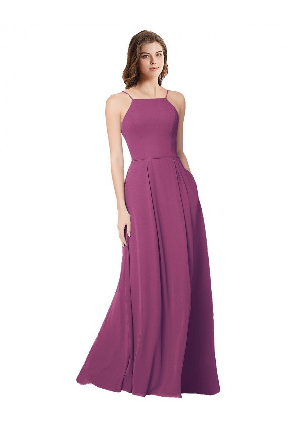 Outlet Halter Neck Long Pleated Chiffon Bridesmaid Dress with Pockets