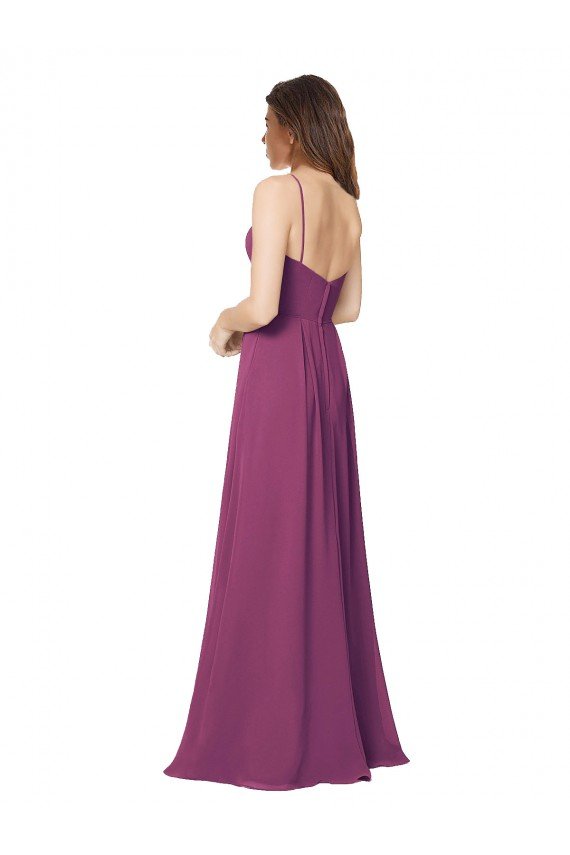 Outlet Halter Neck Long Pleated Chiffon Bridesmaid Dress with Pockets