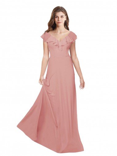 Outlet Flounced V Neckline Flutter Sleeves Chiffon Bridesmaid Dress