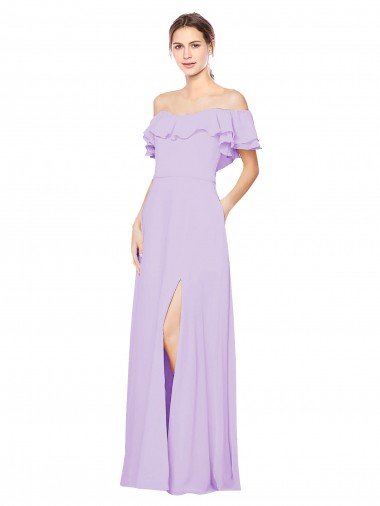 Outlet Ruffled Off the Shoulder Long Chiffon Bridesmaid Dress with Slit